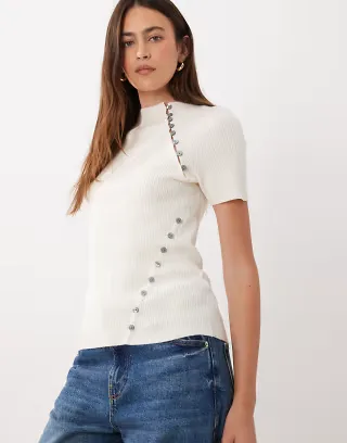 ASOS DESIGN knit ribbed button detail short sleeve top in cream