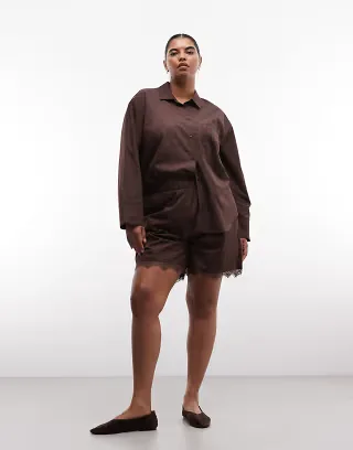 Noisy May Curve shorts with lace hem in chocolate - part of a set