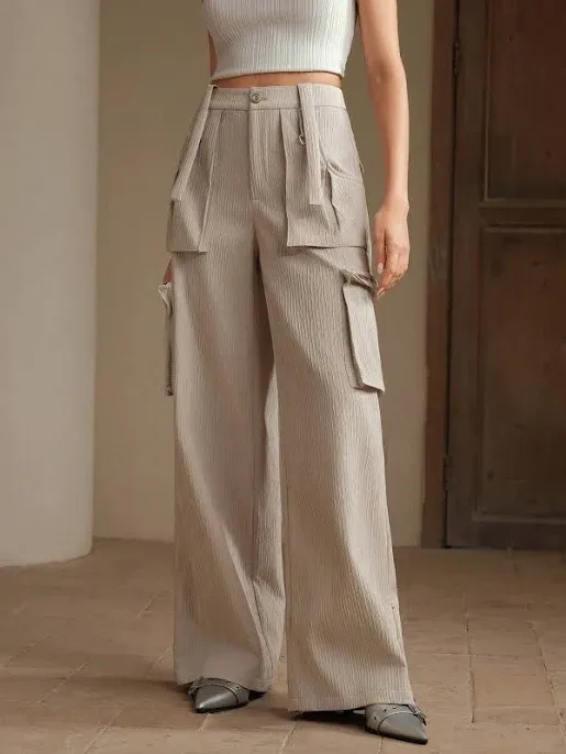 Women's Regular Fit Mid Waist Multi-Pocket Utility Pants with Ribbons