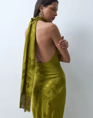 ASOS DESIGN halter scarf neck satin jacquard maxi dress in khaki