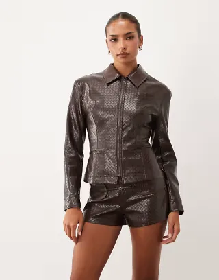 Lioness Soho woven faux leather collar detail fitted jacket and shorts set in chocolate