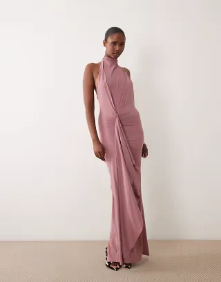 ASOS DESIGN sculpting jersey high neck drape ruffle maxi dress in mauve