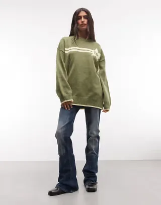Daisy Street boxy fit sweater with star graphic in green