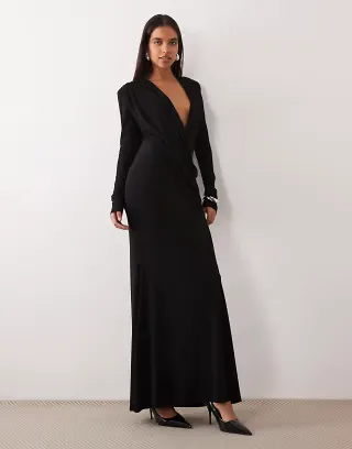 ASOS DESIGN shoulder pad slinky maxi dress with sweeping drape detail in black