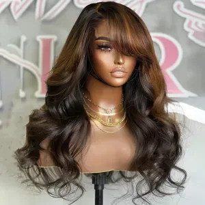 Highlight Ombre Brown Wig Body Wave Human Hair Wig With Bangs 13x6 HD Lace Frontal Wig Glueless Preplucked For Wemon Bra