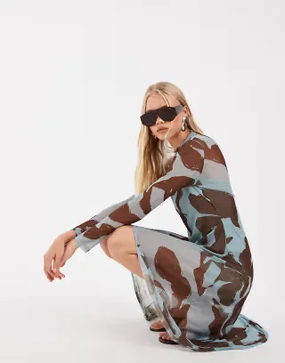 ASOS DESIGN high-low printed mesh dress in blue