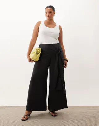 ASOS DESIGN Curve wrapover detail wide leg pants in black