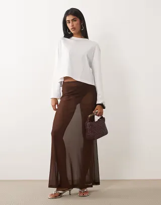 ASOS DESIGN sheer mesh maxi skirt in chocolate