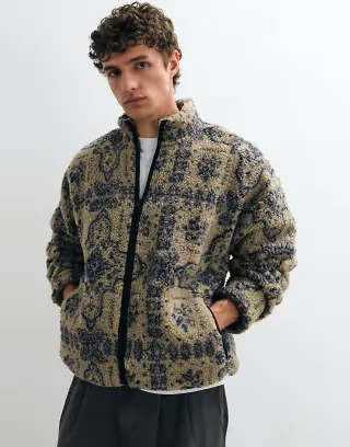 ONLY & SONS oversized fleece in beige with blue jacquard