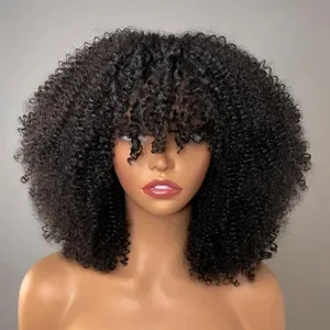 High Density Black Kinky Curly Bob Wig - Short Glueless Lace Front Brazilian Remy Human Hair Blend - Wear and Go Synthet