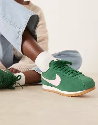 Nike Cortez suede sneakers in green and pink