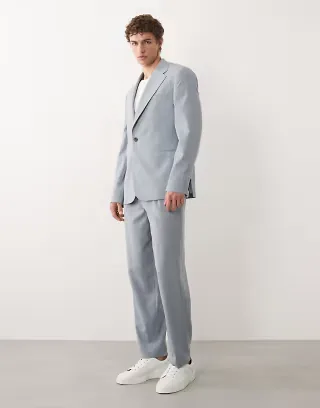 ASOS DESIGN premium relaxed tapered suit in light blue linen and wool