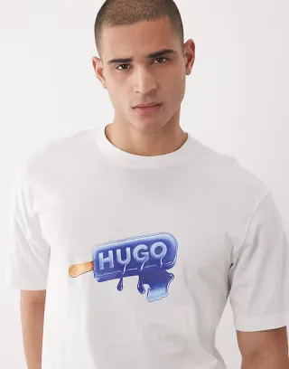 HUGO Blue chest graphic print t-shirt in white