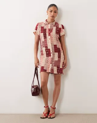 Nobody's Child Petite cotton flutter sleeve mini shirt dress in red vintage patchwork