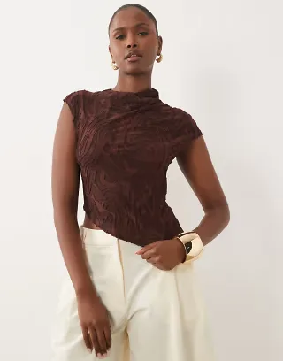 ASOS DESIGN burnout swirl high neck top in chocolate