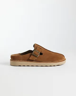 ASOS DESIGN mule sandals with buckle and seam detail in tan suede