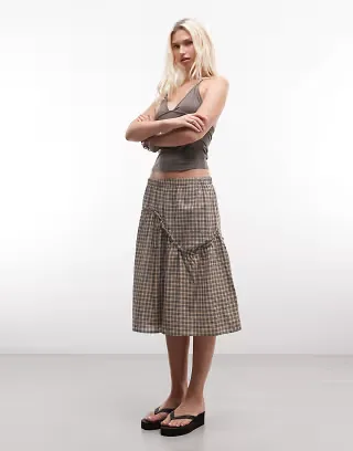 Daisy Street midi skirt with ruffle detailing in beige plaid