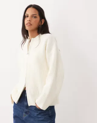 4th & Reckless high neck double zip knit bomber jacket in cream