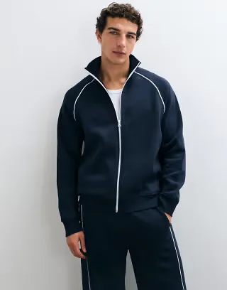 ASOS DESIGN relaxed track jacket set with piping in navy