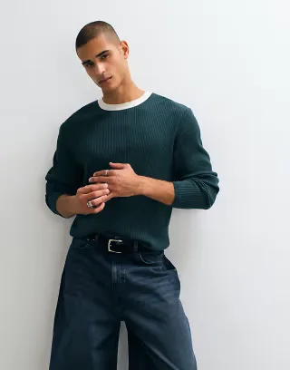 ASOS DESIGN relaxed rib knit crew neck sweater with contrast collar in green