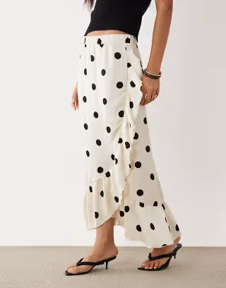VILA frill trim satin maxi skirt in cream and black polka dot print