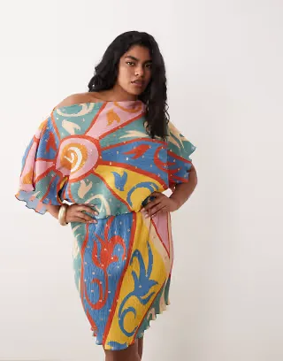 Never Fully Dressed Plus Tilly off shoulder plisse mini dress in kaleidoscope print