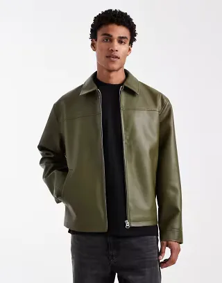 ASOS DESIGN faux leather harrington jacket in khaki green