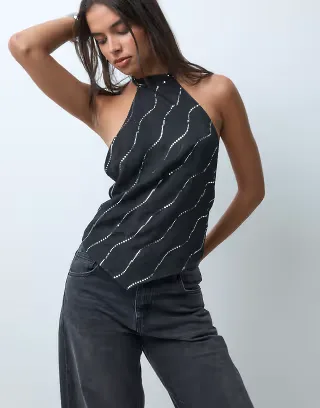 Motel mercy sequin detail satin top in black