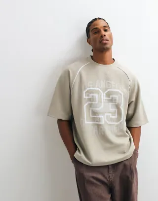ASOS DESIGN boxy oversized t-shirt with print and piping in gray pique