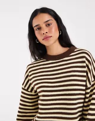 ONLY drop shoulder knit sweater in brown & yellow stripes
