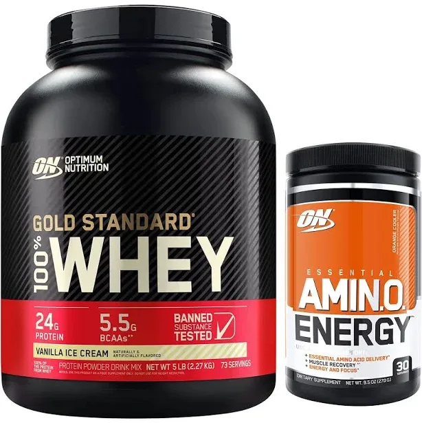 Optimum Nutrition (ON) Gold Standard 100% Whey Protein Powder 5 lbs & Optimum Nutrition (ON) Essential Amino Energy 30 S