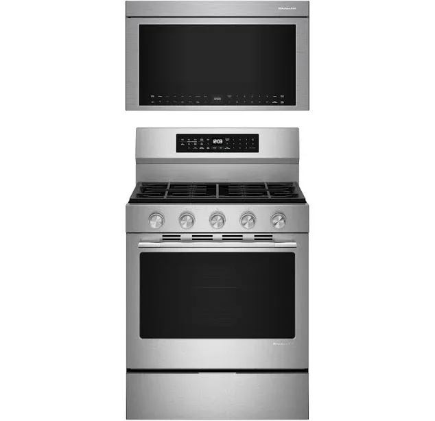 KitchenAid 2-Piece Kitchen Package with 30" Smart Freestanding Gas Range and 30" Over-the-Range Microwave Oven in PrintS
