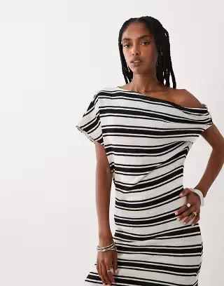 ASOS DESIGN off shoulder midi dress with pleat in navy striped print