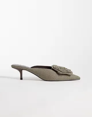 ASOS DESIGN Surprise corsage detail pointed kitten heeled mules in check