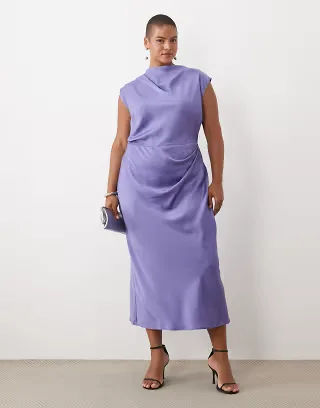 ASOS DESIGN Curve high neck pleated bodice midi dress in blue