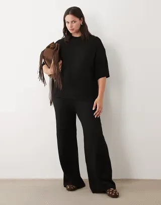 ASOS DESIGN Curve wide leg pants with wool in black - part of a set
