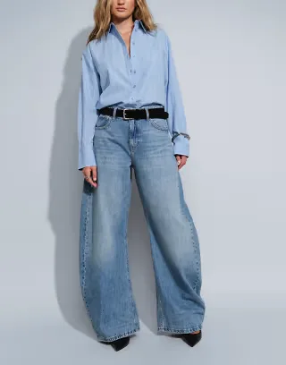 ASOS DESIGN bow barrel leg jeans in light-medium blue