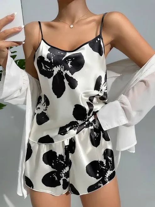 LuxeNights Women's Floral Print Satin Pajama Set