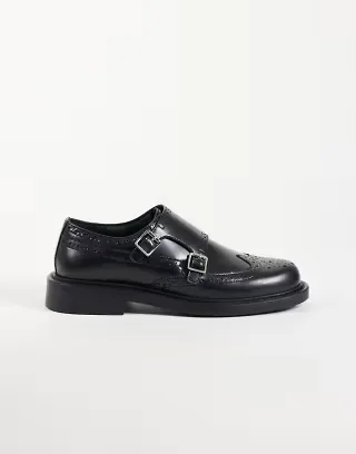 ASOS DESIGN monk shoes with broguing detail in black leather