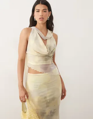 ASOS DESIGN printed mesh cowl drape top in blurred floral - part of a set