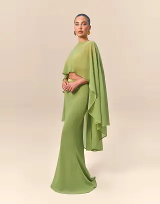 Wanderdoll x Emma Milton Cleo sheer chiffon drape high-low cape top and skirt set in chartreuse