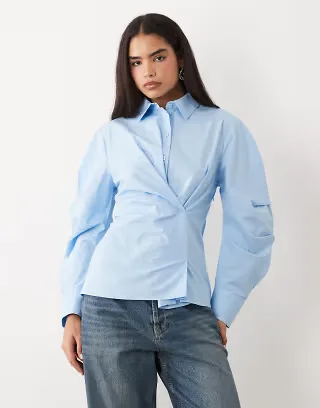 ASOS DESIGN cinched wrap cocoon sleeve shirt in blue