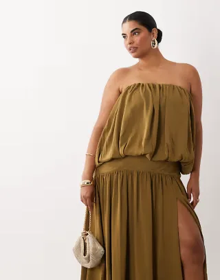 ASOS DESIGN Curve strapless bubble full skirted maxi dress in deep olive