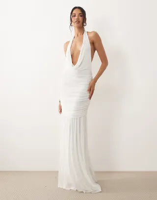 ASOS DESIGN plunge cowl mesh maxi dress with ruched drop waist detail in ivory