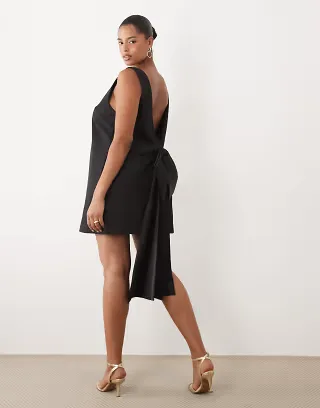 ASOS DESIGN Curve slash neck shift mini dress with bow back in black