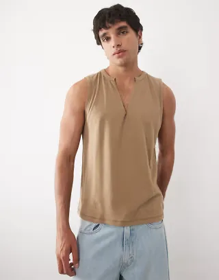 ASOS DESIGN regular fit tank with v neck in brown with linen