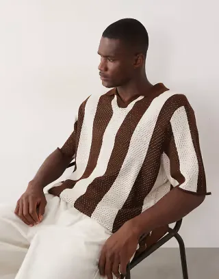 ASOS DESIGN oversized knit stripe notch in brown and ecru