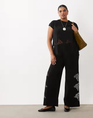 ASOS DESIGN Curve compact knit lace detail tank top & lace trim pants set in black
