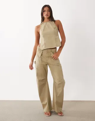 Lioness Miami Vice low rise pocket detail cargo wide leg jeans in tan - part of a set