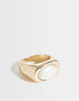 ASOS DESIGN squared ring with faux-pearl in gold tone